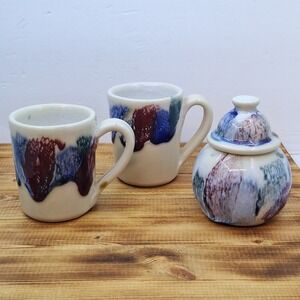 Handmade DK Pottery Blue Red‎ Drip Glaze 2 Mugs And Sugar Container Signed Set